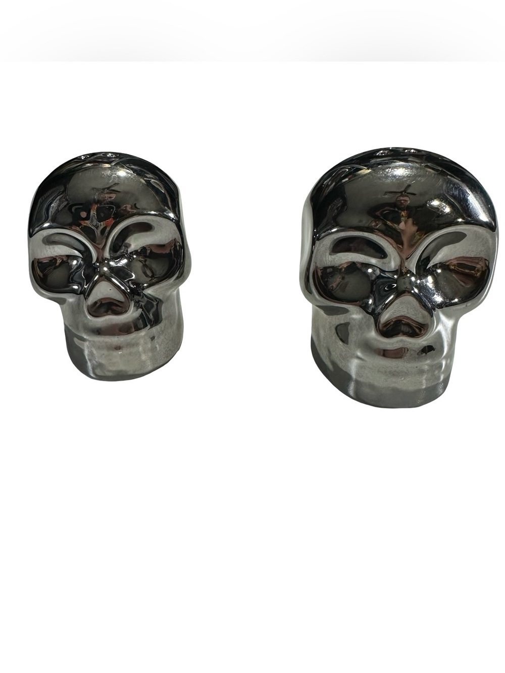 Vtg Silver Chrome Ceramic Skull Salt and Pepper Shakers Set Halloween Gothic 3"
